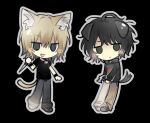  2boys :3 :c ahoge animal_ear_fluff animal_ears animification artyom_anoufriev bags_under_eyes black_background black_hair black_hoodie black_shirt black_shoes black_tail blonde_hair blush blush_visible_through_hair bracelet brown_pants cat_boy cat_ears cat_tail closed_mouth clothes_writing dagger denim dog_boy dog_ears dog_tail double-parted_bangs english_text floppy_ears fluffy_hair fluffy_tail frown full_body green_eyes grey_eyes grey_pants hair_between_eyes hammer hand_up highres holding holding_dagger holding_hammer holding_knife holding_weapon hood hoodie jeans jewelry knife long_sleeves looking_at_viewer male_focus messy_hair multiple_boys nikita_lytkin no_nose no_pupils open_mouth outline pants parted_bangs pimple real_life shirt shoes short_eyebrows short_hair short_sleeves sideways_mouth simple_background smile sneakers solly444 standing standing_on_one_leg tail true_crime weapon white_outline wristband yellow_fur yellow_tail 