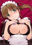  areolae breasts brown_hair cleavage green_eyes kiriyama_taichi large_breasts lowres lying maid maid_in_heaven maid_in_heaven_supers nagisa_(maid_in_heaven) nipples no_bra on_back open_clothes open_shirt ponytail shirt smile solo 