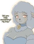 absurd_res anthro anuvisur_(artist) big_breasts black_nose bovid breasts caprine clothed clothing collar dress female fur hair hi_res id_tag long_hair looking_at_viewer mammal multicolored_body orange_eyes sha_(twf) sheep simple_background smile smiling_at_viewer solo text the_walten_files two_tone_body white_body white_fur wool_(fur) wool_hair