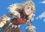  1girl arm_ribbon arm_warmers armor artist_name astrid_hofferson bent_over blonde_hair blue_eyes blue_sky braid braided_ponytail brown_headband brown_ribbon brown_skirt cloud commentary floating_hair fur-trimmed_arm_warmers fur-trimmed_hood fur_trim grey_armor hair_over_shoulder headband hood hood_down how_to_train_your_dragon_(series) how_to_train_your_dragon_2 long_hair looking_ahead looking_to_the_side low_ponytail no_139401 parted_lips ponytail red_shirt ribbon shirt shoulder_armor signature single_braid skirt skull skull_ornament sky smile solo spiked_skirt twitter_username untranslatable_commentary upper_body white_fur yellow_arm_warmers 