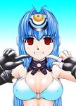  bikini black_gloves blue_hair breasts collar covered_nipples elbow_gloves gloves gradient gradient_background kos-mos large_breasts long_hair looking_at_viewer midriff nakajima_rei o-ring o-ring_bikini o-ring_top pointing red_eyes simple_background smile solo swimsuit upper_body xenosaga 