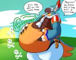 after_vore anthro avian breath_of_the_wild clothing cloud digestion digestion_noises digestion_sequence english_text field hand_on_belly hi_res kass_(tloz) looking_at_viewer male male_pred multiple_prey nintendo skull_symbol sun text the_hookaloof the_legend_of_zelda thick_thighs vore