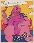 absurd_res alcohol alligator alligatorid anthro balls barbell_piercing beverage bottomless clock clothed clothing cocktail cocktail_glass container crocodilian cup drinking_glass erection eyewear foreskin genitals glass glass_container glass_cup grand_theft_auto halftone hi_res humanoid_genitalia humanoid_penis looking_at_viewer macca_(gta) macca_the_gator male nipple_barbell nipple_piercing nipples overweight overweight_anthro overweight_male penis piercing pink_body reptile ring rockstar_games scalie sky solo sunglasses thewilldpink watch wristwatch