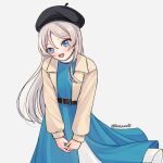  1girl beret black_hat blue_dress blue_eyes commentary_request dress grey_background grey_hair grey_jacket hat highres jacket javelin_(autumn)_(kancolle) javelin_(kancolle) kantai_collection lacecats long_hair looking_at_viewer official_alternate_costume one-hour_drawing_challenge smile solo 