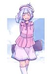  1girl :d arms_behind_back blue_hair blue_sky blush border closed_eyes commentary_request feet_out_of_frame hat holding_instrument_case hood hoodie knees medium_hair merlin_prismriver open_mouth pink_hat pink_hoodie pink_skirt pink_socks rangycrow side_ponytail skirt sky smile socks solo sun_hat_ornament touhou white_border 