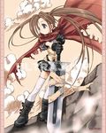  black_gloves cape cloud gloves melty_bagle miniskirt nanase_aoi petit_monster rock skirt solo sword thighhighs twintails watermark weapon zettai_ryouiki 