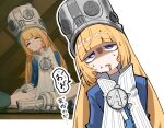  absurdres blonde_hair commentary_request drooling exhausted gakumaru_o grey_hat hat highres long_hair norma_hollowell purple_eyes reference_inset rolling_eyes simple_background sweat translation_request white_background zenless_zone_zero 