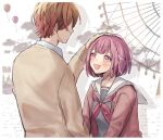  1boy 1girl balloon cardigan cloud commentary ferris_wheel hand_on_another's_head hand_up headpat highres kamiyama_high_school_uniform_(project_sekai) long_sleeves looking_at_another miyamasuzaka_girls'_academy_school_uniform neckerchief ootori_emu open_cardigan open_clothes open_mouth orange_hair parted_bangs pink_cardigan pink_eyes pink_hair project_sekai red_neckerchief sailor_collar school_uniform serafuku short_hair smile tenma_tsukasa upper_body zakka_(zakka_0_) 