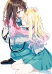  2girls :p ;p arm_around_another's_waist blonde_hair blue_eyes blue_skirt brown_eyes brown_hair colored_tips commentary_request full_body hand_on_another's_head highres hug kurasu_no_hime_wa_watashi_no_wanko long_hair long_sleeves looking_at_viewer matching_outfits multicolored_hair multiple_girls nabana_kurumi one_eye_closed pink_hair sakuragi_ren second-party_source seiza shirt sitting skirt socks sorahashi_sera straight_hair tongue tongue_out wavy_hair white_shirt white_socks 