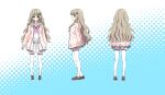  1girl 9-nine- anime_coloring arms_at_sides arms_behind_back belt blue_background blue_eyes blush bow brown_hair brown_shoes buttons cardigan character_name chest_bow closed_eyes closed_mouth commentary contrapposto double-breasted dress from_behind from_side full_body gear_hair_ornament grey_belt hair_between_eyes hair_ornament hakusen_academy_school_uniform highres kujou_miyako loafers long_hair looking_ahead looking_at_viewer multiple_views ojin open_cardigan open_clothes pink_bow pink_cardigan pleated_dress profile school_uniform shoes short_dress sidelocks simple_background smile split_mouth standing straight-on thighhighs two-tone_background very_long_hair wavy_hair white_background white_dress white_thighhighs wing_hair_ornament zettai_ryouiki 