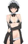  1girl alternate_costume alternate_hairstyle amagami ass_visible_through_thighs averting_eyes ayatsuji_tsukasa bikini black_bikini black_eyes black_hair blush breasts collarbone commentary_request cowboy_shot frills hairband hand_on_own_arm highres lolita_hairband long_sleeves maid maid_bikini medium_breasts navel off_shoulder serizawa_(serizawaroom) short_hair solo swimsuit unconventional_maid 