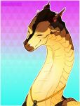 2019 abstract_background accessory ambiguous_gender blush dragon ear_piercing ear_ring european_mythology eyes_closed facial_horn fan_character feral furgonomics horn horn_accessory jewelry long_neck mythological_creature mythological_scalie mythology necklace nose_horn nose_spike piercing ring_piercing sandwing_(wof) scales scalie smile snout solo suntropikl western_dragon wings_of_fire