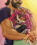 absurd_res anthro arm_grab beard black_clothing blush blush_lines bodily_fluids bow_ribbon braided_hair breast_squish breasts brown_eyebrows canid canine canis cheek_tuft chest_tuft cleavage clothed clothing collar crying domestic_dog dress duo eyebrows eyes_closed eyewear facial_hair facial_tuft female fur glasses go-two green_clothing green_dress hair heart_symbol herding_dog hi_res hug human human_on_anthro interspecies male male/female mammal multicolored_body multicolored_fur muscular muscular_male pastoral_dog pink_hair playing_with_ears playing_with_hair simple_background smile squish tail tail_motion tailwag tears tears_of_joy teeth tuft welsh_corgi yellow_background