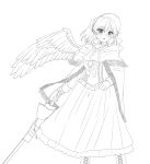  1girl absurdres bloodborne blush bonnet boots character_request check_character commentary_request copyright_request cosplay feathered_wings frilled_skirt frills greyscale highres holding holding_sword holding_weapon kishin_sagume lace-up_boots long_sleeves medium_hair mochigumo monochrome open_mouth plain_doll plain_doll_(cosplay) reiterpallasch_(bloodborne) scarf shirt single_wing skirt smile solo sword touhou weapon wings 