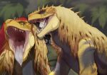 anthro anthro_prey back_spikes capcom chin_spikes dreadlocks duo eyes_closed facial_spikes fanged_wyvern feral feral_pred forest_background gaping_mouth great_jagras grey_underbelly head_spikes hi_res jagras lizard monster_hunter mouth_shot multicolored_body multicolored_tongue neck_bulge nevolsky open_mouth pawpads pink_mouth pink_tongue reptile scalie sharp_teeth spikes spikes_(anatomy) swallowing swallowing_sound_effect teeth text throat tongue tongue_out url vore watermark yellow_body yellow_sclera