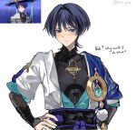  1boy anemo_symbol_(genshin_impact) aqua_gem armor belt black_belt black_bodysuit black_bow black_eyes black_hair blue_cape blue_kimono blue_sleeves blunt_ends blush bodysuit bow bridal_gauntlets cape closed_mouth commentary covered_collarbone english_text eyeliner feathers game_screenshot_inset gem genshin_impact gold gold_ring grey_bridal_gauntlets hands_on_own_hips japanese_armor japanese_clothes juban kimono kote kurokote layered_sleeves looking_at_viewer lower_eyelashes_only makeup male_focus mandarin_collar middle_ring open_clothes open_kimono pom_pom_(clothes) purple_rope purple_sash red_eyeliner reference_inset rope sash scaramouche_(genshin_impact) screenshot_inset short_sleeves shoulder_peek side_cape solo tartpie13 tsurime twitter_username upper_body wanderer_(genshin_impact) white_background white_kimono white_sleeves white_trim wolf_cut yellow_feathers 