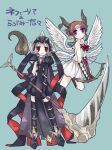  2girls black_gloves black_thighhighs blue_background brown_hair butter_run cape closed_mouth commentary_request crossbow feathered_wings flying gem gloves heart hexagram highres holding holding_crossbow holding_scythe holding_weapon horns love_me_ren-ren magical_girl mahou_shoujo_ikusei_keikaku mahou_shoujo_ikusei_keikaku_breakdown medium_hair multiple_girls multiple_wings nephilia_(mahoiku) purple_eyes purple_gem purple_hair red_eyes scythe short_hair smile tail thighhighs translation_request weapon white_wings wings 
