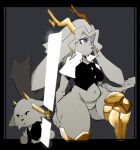 anthro antlers big_ears black_border black_clothing black_topwear border bottomless bovid breasts butler_(pseudoregalia) caprine clothed clothing duo estebon89 eyelashes featureless_crotch female floppy_ears front_view fur goat grey_background grey_body grey_fur grey_hair grey_nose hair hi_res holding_object holding_weapon horn hybrid jackalope lagomorph larger_female leporid long_ears lop_ears male mammal navel pseudoregalia purple_eyes rabbit simple_background size_difference smaller_male sybil_(pseudoregalia) thick_thighs topwear weapon wide_hips yellow_antlers