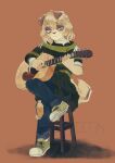 absurd_res acoustic_guitar ambiguous_gender anthro blue_bottomwear blue_clothing blue_jeans blue_pants bottomwear brown_nose canid canine canis clothing crossed_legs denim denim_bottomwear denim_clothing dipstick_ears domestic_dog ear_markings eye_markings floppy_ears footwear furniture green_clothing green_eyes green_footwear green_shirt green_shoes green_topwear guitar guitar_pick hi_res jacket_around_waist jeans mammal markings multicolored_ears musical_instrument pants pattern_clothing pattern_shirt pattern_topwear plucked_string_instrument shirt shoes smidg3n solo stool string_instrument striped_clothing striped_shirt striped_topwear stripes topwear torn_bottomwear torn_clothing torn_jeans torn_pants watermark
