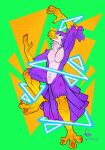 4_fingers 4_toes anthro avian ben_day_dots bird chicken feathers featureless_crotch feet fingers galliform green_background green_eyes griiffziilla hair hi_res looking_away male neck_tuft neon_lighting neon_lights orange_background phasianid ponytail pose purple_body purple_feathers rothus simple_background solo stylized talons toes tuft