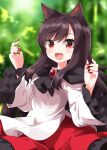  1girl animal_ear_fluff animal_ears blurry blush breasts brooch commentary_request completion_time depth_of_field dress fang fingernails frilled_sleeves frills highres imaizumi_kagerou jewelry long_fingernails long_hair long_sleeves looking_at_viewer medium_breasts open_mouth outdoors red_nails ruu_(tksymkw) smile solo touhou very_long_hair white_dress wide_sleeves wolf_ears wolf_girl 