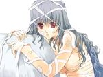  bandages bed_sheet breasts curly_hair expressionless grey_hair injury leaning lips long_hair looking_at_viewer medium_breasts nipples original red_eyes sarashi solo tachibana_yuu topless 