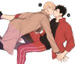  2boys age_difference black-framed_eyewear black_hair black_pants black_shirt blonde_hair brown_coat character_age closed_mouth coat commentary_request face-to-face fingernails from_side glasses haikyuu!! imminent_kiss jacket kuroo_tetsurou male_focus multiple_boys open_clothes open_jacket pants red_jacket red_pants shirt short_hair simple_background sitting t-shirt tsukishima_kei white_background yaoi ynk_vv 