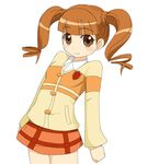  badge bangs brown_eyes brown_hair buttons cowboy_shot dress drill_hair eyebrows eyebrows_visible_through_hair ixy long_hair long_sleeves looking_at_viewer onegai_my_melody orange_dress quiff shirt short_dress simple_background smile solo thick_eyebrows twintails white_background white_shirt yumeno_uta 