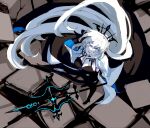  1girl black_bow black_cape black_dress black_tiara blue_eyes boots bow braid breasts cape center_opening cleavage collarbone commentary crack cracked_floor debris dress fate/grand_order fate_(series) from_above full_body grey_hair hair_bow half_up_braid highres holding holding_weapon ki_wa001 large_breasts long_hair long_sleeves looking_at_viewer looking_up morgan_le_fay_(fate) morgan_le_fay_(third_ascension)_(fate) open_mouth ponytail rubble sidelocks skirt solo spikes staff stone_floor tiara two-tone_dress very_long_hair weapon white_hair wide_sleeves 