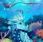 2021 ambiguous_gender anthozoan aquatic blue_body blue_scales bubble cnidarian coral facial_horn fan_character feral hi_res horn jewelry long_neck markings necklace nose_horn nose_spike scales seawing_(wof) smile snout solo suntropikl underwater water wings_of_fire