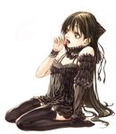  black_hair black_legwear cherry choker detached_sleeves food fruit gothic long_hair miura_yui original red_eyes solo thighhighs 