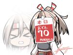  >_< 1girl closed_eyes commentary_request covering_face furaggu_(frag_0416) grey_hair hakama hakama_shorts headband highres japanese_clothes kantai_collection kimono multiple_views muneate ponytail red_hakama shorts sign signature simple_background striped_headband tears translation_request white_background white_kimono zuihou_(kancolle) 