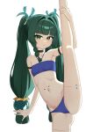  1girl absurdres android bikini black_choker blue_bikini blush braid braided_sidelocks breasts cameltoe choker commentary daidaradoji flexible green_eyes green_hair hair_ornament highres holding_own_leg joints leg_lift leg_up long_hair looking_at_viewer navel open_mouth qingyi_(zenless_zone_zero) robot_joints sidelocks simple_background skin_seams solo sphere_hair_ornament split standing standing_on_one_leg standing_split swimsuit twintails white_background zenless_zone_zero 