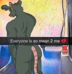 anthro broken_heart butt colored_nails ear_piercing emoji english_text everyone_is_so_mean_to_me eyes_closed heart_emoji hi_res male mammal meme murid murine muscular muscular_anthro muscular_male nails nude piercing rat rat_tail rodent sad sander_the_bull shower tail text vittorio_raimondo