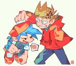  2boys anger_vein angry antenna_hair bandage_on_cheek baseball_cap black_pants blue_hair boyfriend_(friday_night_funkin') brown_hair candy clenched_teeth crossover drawstring eddsworld eye_contact fewer_digits food friday_night_funkin' friday_night_funkin'_online_vs. hair_behind_ear hair_ears hat highres holding holding_microphone hood hood_down hoodie lollipop long_sleeves looking_at_another male_focus microphone multiple_boys official_style open_mouth pants paul_ter_voorde_(style) red_hat red_hoodie red_shoes scruffing shirt shoes short_hair short_sleeves simple_background sneakers speech_bubble t-shirt teeth toon_(style) tord_(eddsworld) white_eyes white_shirt yasunoe0 yellow_background 