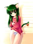  akamaru animal_ears arm_support bell blue_panties blush bottomless cat_ears cat_tail copyright_request flat_chest green_eyes green_hair highres long_hair long_sleeves no_pants panties shirt shirt_lift side-tie_panties solo standing striped striped_panties tail thigh_gap underwear untied 