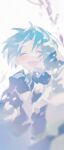  1boy :d absurdres aged_down blue_hair blurry branch child chinese_commentary closed_eyes coat commentary_request curtained_hair gloves hand_to_head happy highres male_focus sekai_metsubou_kyouyuu_gensou_mamiya short_hair smile snow snowing solo suou_keito turtleneck wframe white_background winter_clothes winter_coat 