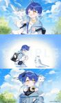  1girl :d ;d absurdres age_progression aged_down ahoge amamiya_kokoro backpack bag bandaid bandaid_on_knee bandaid_on_leg bare_shoulders bell black_shirt blue_hair blue_hat blue_jacket blue_shoes blue_shorts blue_sky cloud commentary company_name contrast_collar copyright_notice creature day double_bun from_side hair_bell hair_bun hair_intakes hair_ornament hair_ribbon hat headphones headphones_around_neck highres hood hood_down hooded_jacket jacket jingle_bell kneehighs long_sleeves mugichoco multiple_views neko_(amamiya_kokoro) nijisanji off_shoulder official_alternate_costume official_art one_eye_closed open_clothes open_jacket outdoors ribbon sample_watermark shirt shoes short_hair short_twintails shorts sky smile socks squatting tree twintails virtual_youtuber watermark white_shirt yellow_eyes 
