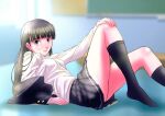  1girl amagami ass_peek ayatsuji_tsukasa black_eyes black_hair black_jacket black_skirt black_socks blazer blunt_bangs blurry blurry_background breasts closed_mouth collared_shirt commentary_request foot_out_of_frame hand_on_own_knee indoors jacket kibito_high_school_uniform kneehighs knees_up long_hair long_sleeves looking_at_viewer lying medium_breasts miniskirt on_back pleated_skirt rabitan1022 school_uniform shirt skirt socks solo straight_hair thighs white_shirt winter_uniform 