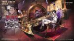  1boy alchemy_stars alcohol bar_(place) black_boots black_gloves black_hair black_shirt boots card carpet casino chair character_name choker closed_mouth coat commentary copyright_logo copyright_notice cup dagger different_reflection drinking_glass earrings english_commentary eyepatch figure_four_sitting gloves grey_pants head_rest highres holding holding_card jeno_(alchemy_stars) jeno_(crafty_assistant)_(alchemy_stars) jewelry knife logo long_sleeves looking_at_viewer loose_necktie mirror necktie official_alternate_costume official_art on_chair pants purple_necktie red_eyes reflection ring roulette_table shirt short_hair single_glove sitting striped_clothes striped_pants table torn_clothes two-tone_pants weapon white_coat white_pants zoom_layer 
