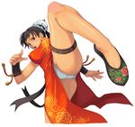  black_hair breasts bun_cover china_dress chinese_clothes chun-li covered_nipples double_bun dress eyeshadow floral_print high_kick kicking large_breasts legs makeup maruta_kentarou nail_polish orange_dress panties pantyshot pantyshot_(kicking) pelvic_curtain print_dress red_nails shoes solo street_fighter thighs underwear white_panties 