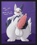 animal_genitalia animal_penis black_claws bodily_fluids claws dripping english_text feline_genitalia feline_penis generation_3_pokemon genital_fluids genitals hand_on_hip hi_res holding_penis low-angle_view male nintendo open_mouth penile_spines penis pokemon pokemon_(species) precum precum_drip pupils red_sclera semi-anthro signature slit_pupils smug solo tapering_penis text yakukitsu zangoose