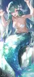 2026 absurd_res aquatic blue_eyes blue_tail bottomless bra bra_only clothed clothing ear_fins far_side female fin flower_hair_accessory full-length_portrait genshin_impact hair hi_res humanoid humanoid_merfolk light_body light_skin long_hair looking_at_viewer merfolk mermaid_tail mihoyo navel open_mouth portrait scales scaly_tail seashell_bra solo split_form tail teal_hair underwear underwear_only vodyanitsa_(genshin_impact)