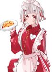  1girl alternate_costume apron closed_mouth commentary_request dot_mouth expressionless food food_writing frilled_apron frills heart highres holding holding_food holding_plate jacket jersey_maid looking_at_viewer love_live! love_live!_hasu_no_sora_jogakuin_school_idol_club maid maid_headdress multicolored_hair name_tag omelet omurice plate red_jacket red_skirt red_streaks roku_aya_fuyu short_hair simple_background skirt solo streaked_hair unconventional_maid virtual_youtuber waist_apron white_apron white_background white_hair yugiri_tsuzuri 