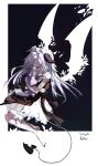  1girl aiko_(phase_connect) bandaged_arm bandages bandaid bandaid_on_face black_background black_horns black_tail border commentary demon_horns demon_tail dress english_commentary full_body highres horns hugging_doll hugging_object long_hair mn374390 negative_space notched_tail outside_border phase_connect raised_inner_eyebrows red_eyes short_dress sleeveless sleeveless_dress solo stuffed_toy tail virtual_youtuber white_border white_dress white_hair wings 