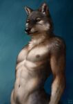 2023 anthro areola artist_name athletic athletic_anthro athletic_male biped black_lips black_nose blue_background body_hair brown_areola brown_body brown_fur brown_nipples canid canine canis countershade_torso countershading deep_navel detailed detailed_fur digital_drawing_(artwork) digital_media_(artwork) dipstick_ears ear_markings ears_up facial_markings fur golden_jackal gradient_background green_eyes grey_body grey_fur half-length_portrait happy_trail head_markings iris jackal lips looking_forward lynxwolf male male_anthro mammal markings multicolored_ears navel nipples no_sclera nude_anthro nude_male orange_body orange_ear_tips orange_fur pointy_ears portrait prick_ears pupils shaded simple_background solo standing text three-quarter_view whisker_spots whiskers white_body white_fur