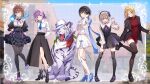  6+girls ahoge aoi_erika bad_source black_hair blonde_hair brown_hair byakko_(heaven_burns_red) eyepatch flower glasses grey_hair hair_flower hair_ornament heaven_burns_red highres higuchi_seika medium_hair minase_ichigo minase_sumomo multiple_girls official_art open_mouth pantyhose purple_eyes purple_hair short_hair smile team_31b_(heaven_burns_red) tiger white_tiger 