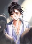  1boy absurdres aged_down all_wishes_come_true! black_hair brown_eyes chinese_clothes chinese_commentary closed_mouth coat collarbone commentary_request floating_hair hair_between_eyes hair_bun hanfu highres long_hair long_sleeves looking_at_viewer lu_dongbin_(all_wishes_come_true!) lu_dongbin_(young)_(all_wishes_come_true!) male_focus nigulassixiaonan open_clothes open_coat people robe single_hair_bun solo_focus sunlight updo upper_body watermark white_coat white_hanfu wind 