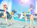  4girls agatsuma_mizuki artist_request ball barefoot beach beachball bikini blue_hair casual_one-piece_swimsuit day everyone green_hair halterneck mone multiple_girls neneko one-piece_swimsuit orange_hair outdoors pink_hair playing_games school_swimsuit senjou_kuyou short_hair stream sun swimsuit twintails volleyball water waterfall yumeria 