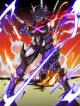  1girl ahoge armored_boots black_bodysuit blonde_hair bodysuit boots breasts clawed_gauntlets clenched_teeth clothing_cutout commentary_request deadzone_(duel_masters) duel_masters duel_masters_play's electricity eye_trail facial_tattoo fake_claws gauntlets gloves glowing glowing_eyes highres jacket large_breasts leg_tattoo light_trail logo magical_girl mechanical_magical_girl medium_hair multicolored_hair navel navel_cutout open_clothes open_jacket purple_gloves purple_hair purple_jacket red_eyes red_scarf scarf shoulder_tattoo single_gauntlet smile smoke solo stomach_tattoo tattoo teeth yoshi_type-a 